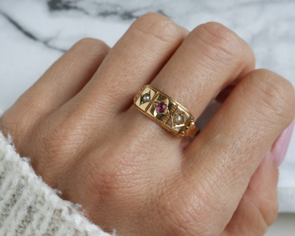 Edwardian ruby and pearl gypsy ring in 18ct yellow gold for sale in Leeds, Yorkshire