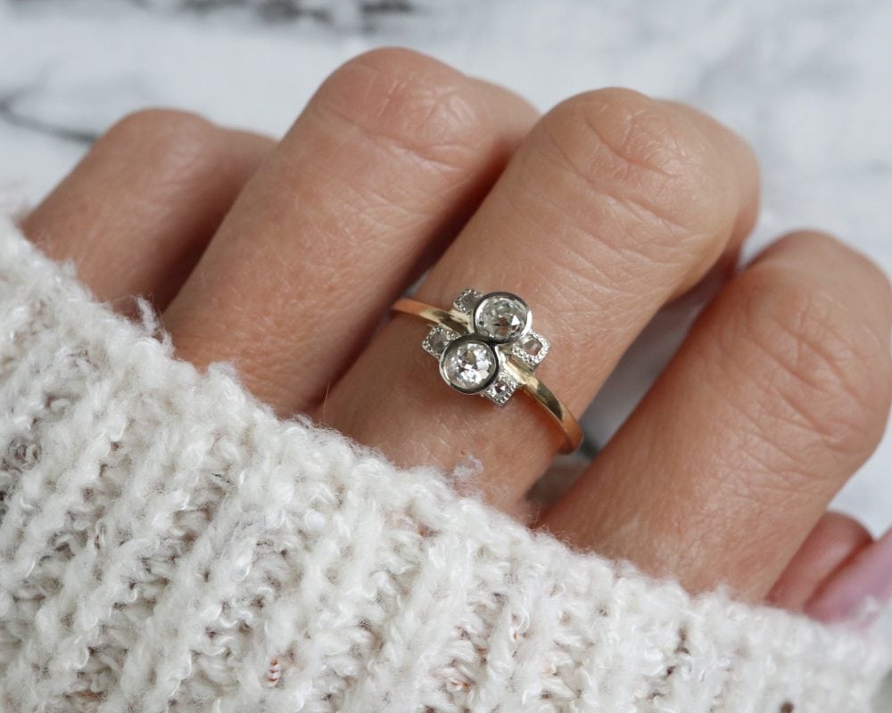 Art Deco diamond two stone ring set in 18ct yellow gold and platinum for sale in Leeds, Yorkshire