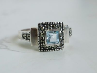 Art deco style silver, blue topaz and marcasite ring for sale in Leeds, Yorkshire