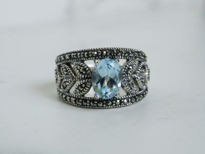 Art deco style silver, blue topaz and marcasite ring for sale in Leeds, Yorkshire