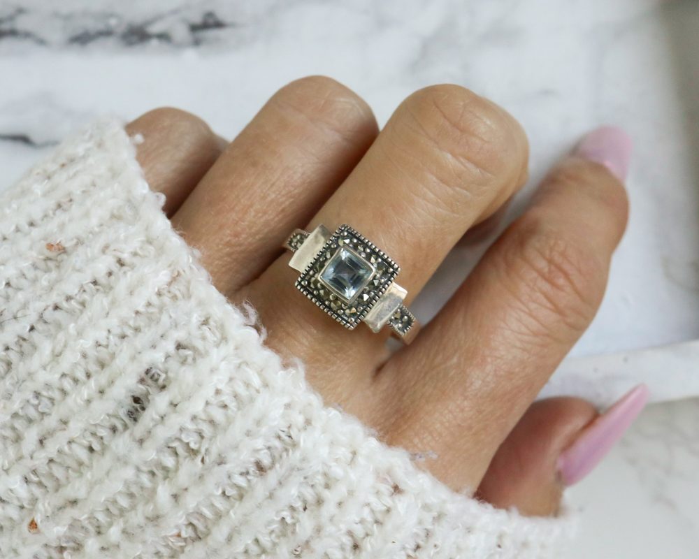 Art deco style silver, blue topaz and marcasite ring for sale in Leeds, Yorkshire