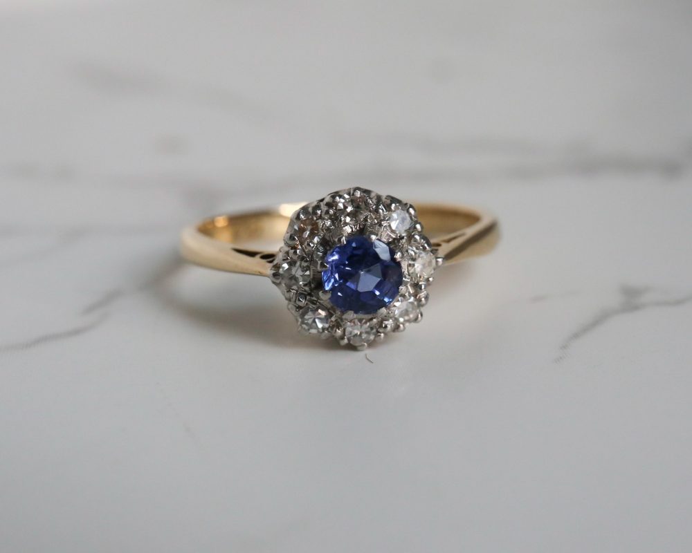 Antique 1920s sapphire and diamond cluster ring for sale in Leeds, Yorkshire