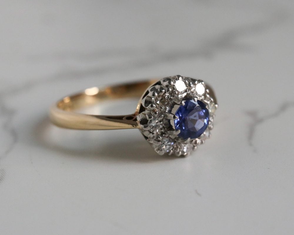 Antique 1920s sapphire and diamond cluster ring for sale in Leeds, Yorkshire