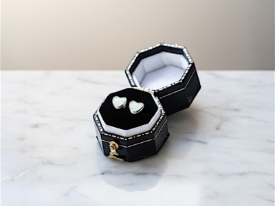 white opal heart studs in silver in a black box