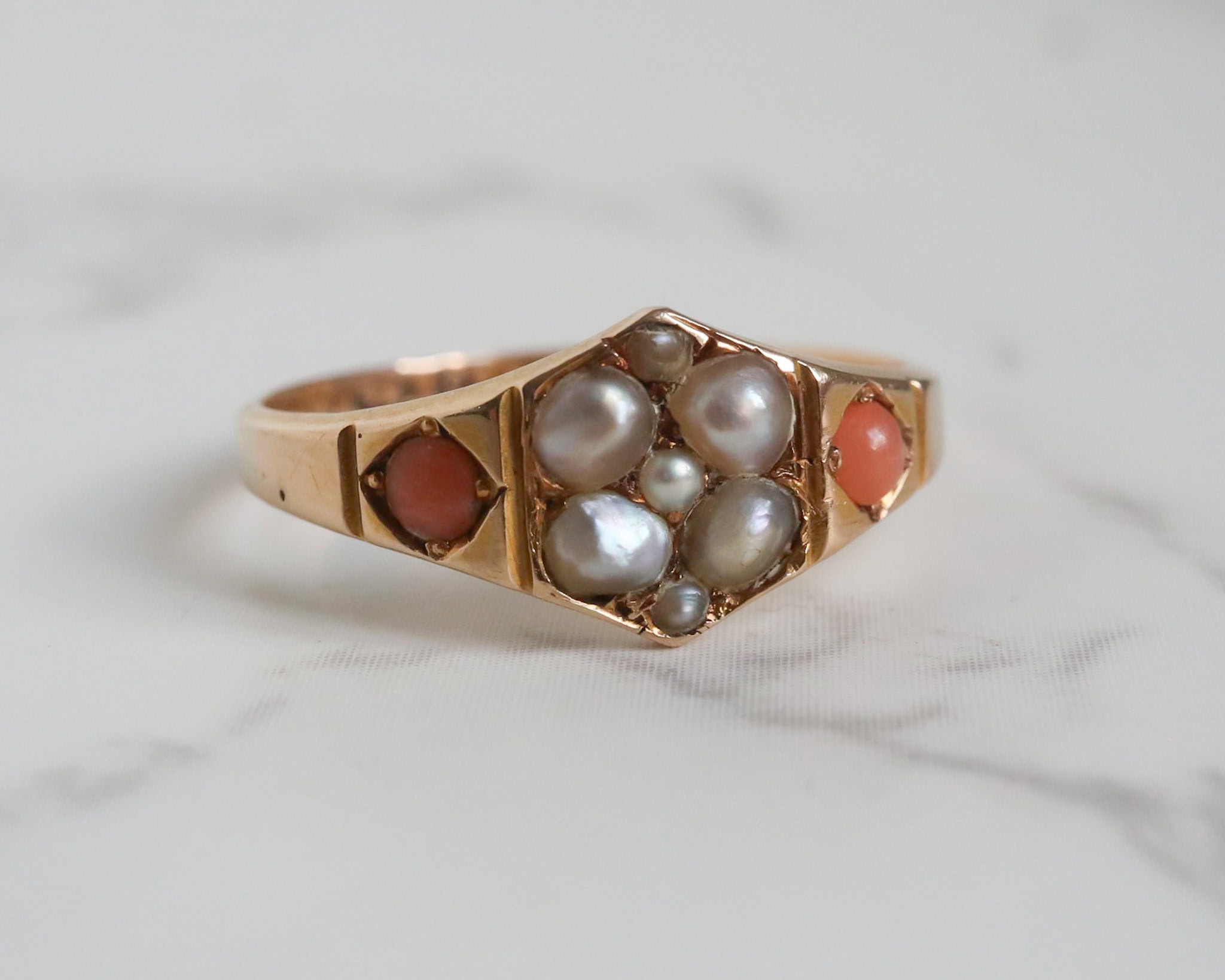 Antique Victorian coral and seed pearl ring set in 15ct gold for sale in Leeds, Yorkshire