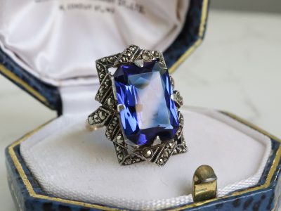 Antique Victorian 9ct gold, silver, marcasite and blue stone ring for sale in Leeds, Yorkshire