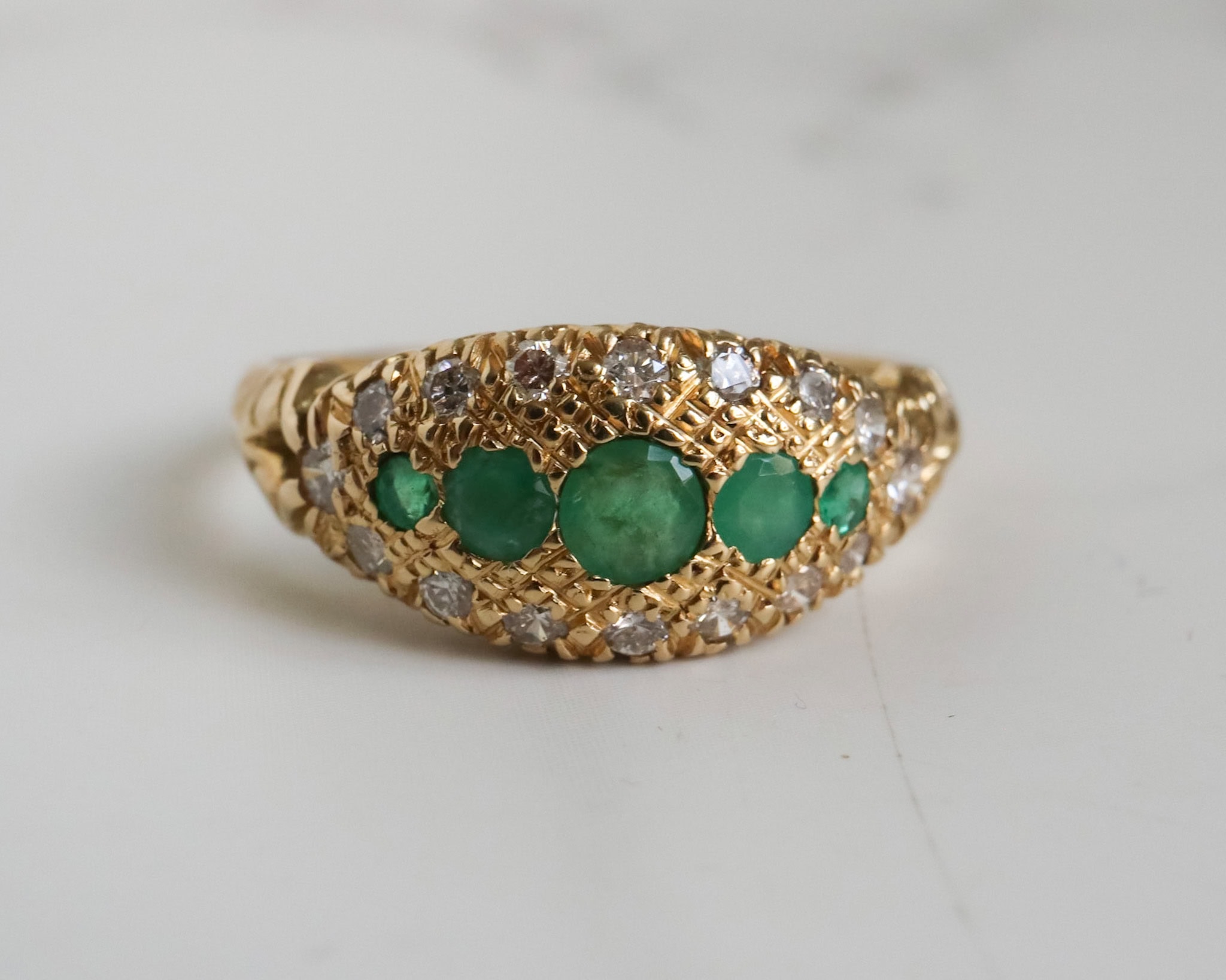 Antique emerald and diamond ring in 18ct yellow gold for sale in Leeds, Yorkshire