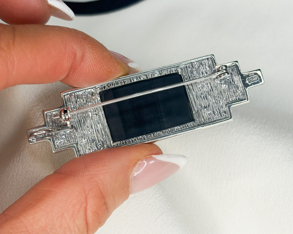 art deco style silver, onyx and marcasite brooch for sale in Leeds