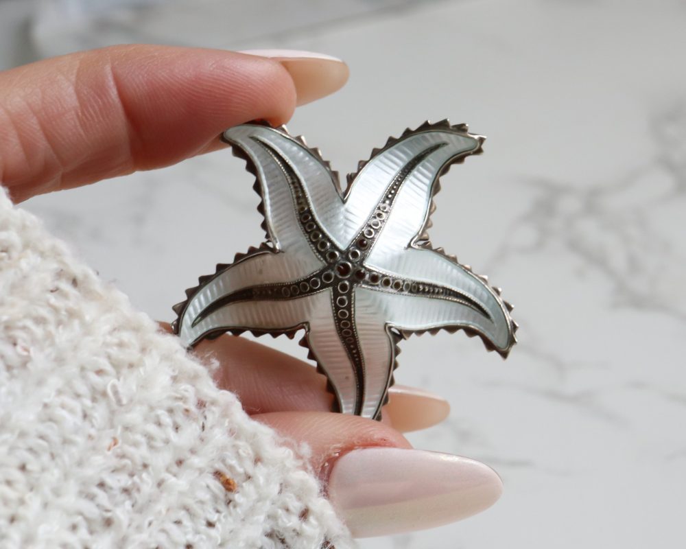 Antique silver star fish brooch in guilloche enamel made by Norwegian Ivor T Holth for sale in Leeds, Yorkshire