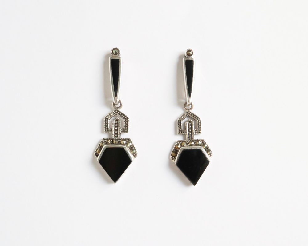 Art Deco style silver, onyx and marcasite earrings for sale in Leeds, Yorkshire