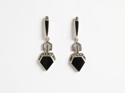 Art Deco style silver, onyx and marcasite earrings for sale in Leeds, Yorkshire
