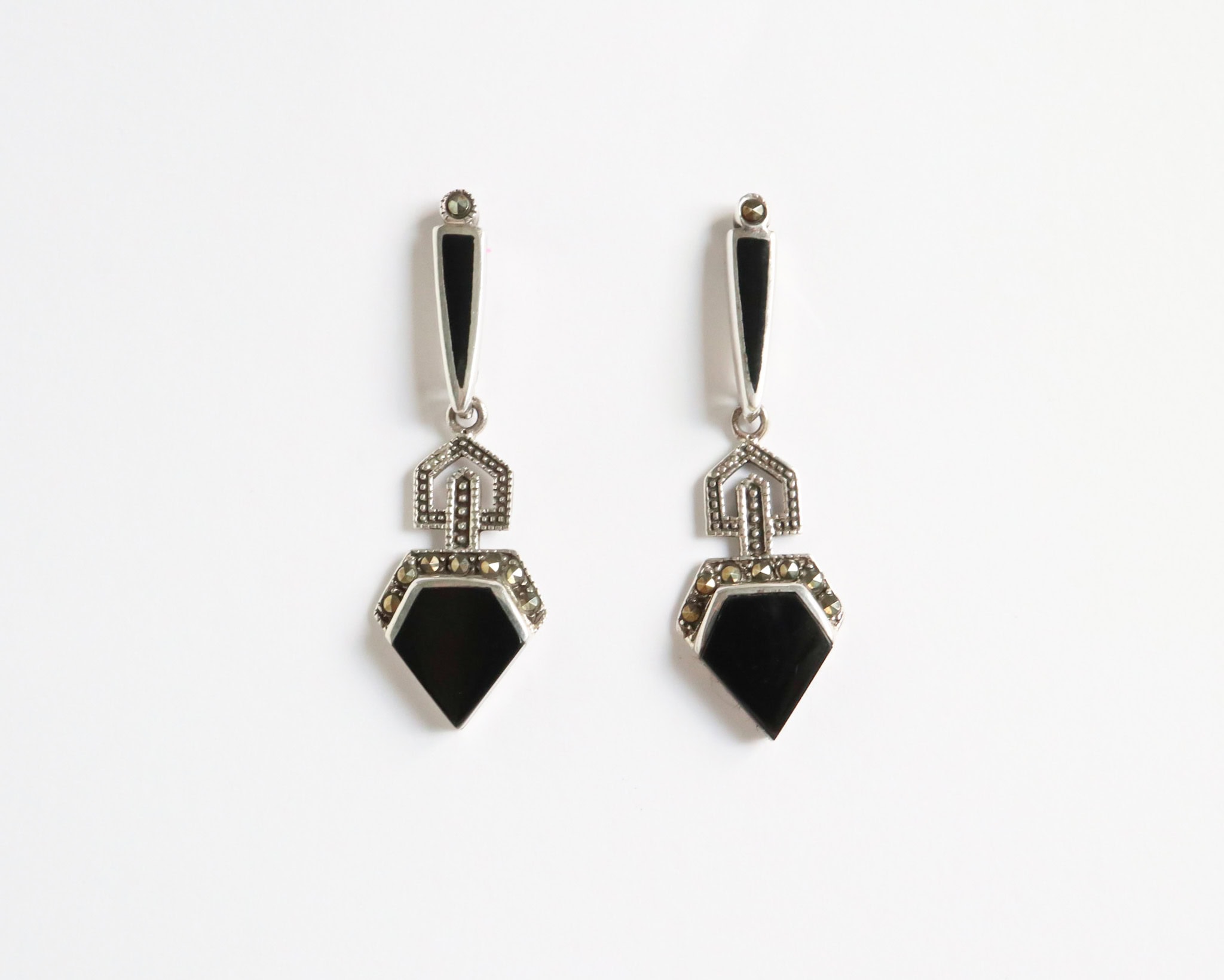 Art Deco style silver, onyx and marcasite earrings for sale in Leeds, Yorkshire