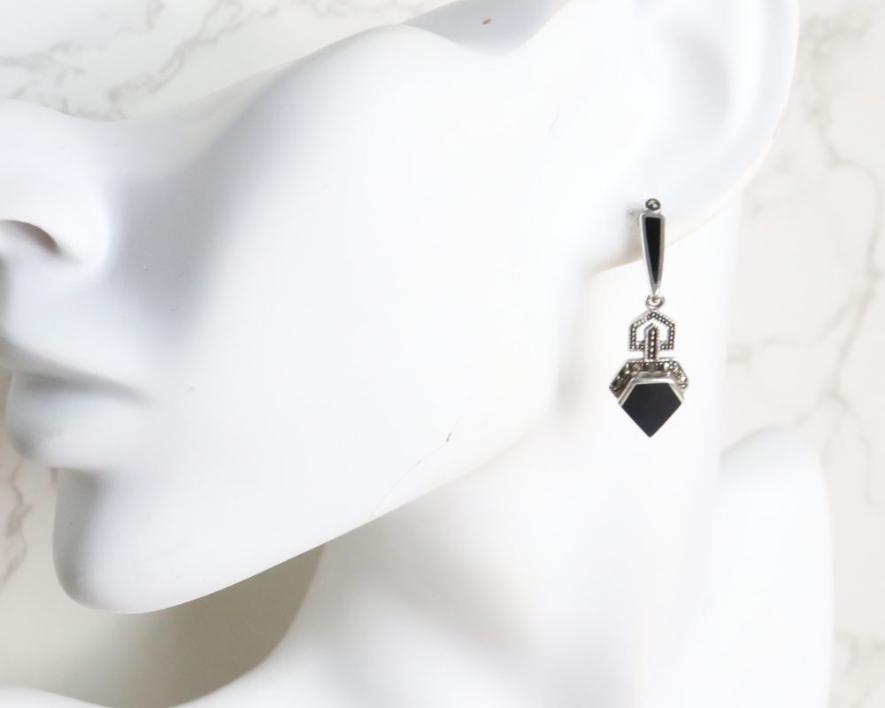 Art Deco style silver, onyx and marcasite earrings for sale in Leeds, Yorkshire