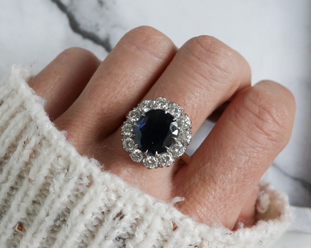 1940s sapphire and diamond cluster ring set in platinum and 18ct yellow gold for sale in Leeds, Yorkshire