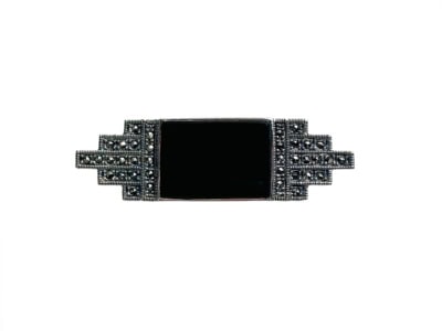 art deco style silver, onyx and marcasite brooch for sale in Leeds