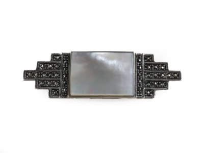 art deco style silver, mother of pearl and marcasite brooch for sale