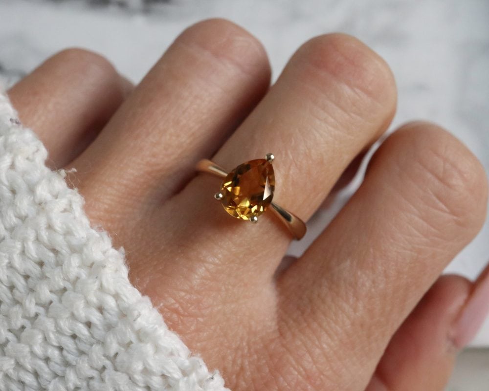 Modern pear cut citrine ring in 9ct yellow gold for sale in Leeds, Yorkshire