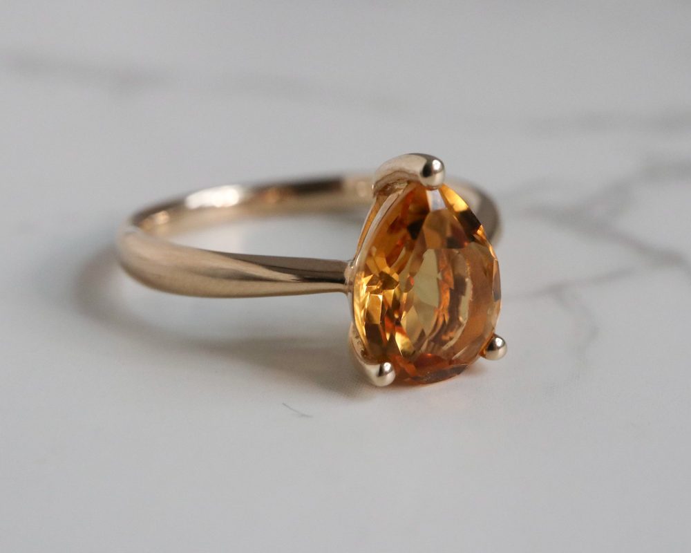 Modern pear cut citrine ring in 9ct yellow gold for sale in Leeds, Yorkshire