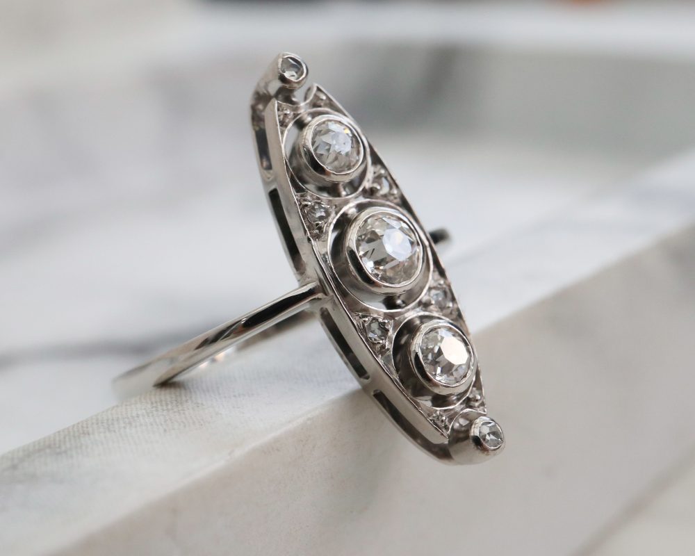 Art Deco diamond ring with approx 1ct old cut diamonds in vertical setting for sale in Leeds, Yorkshire