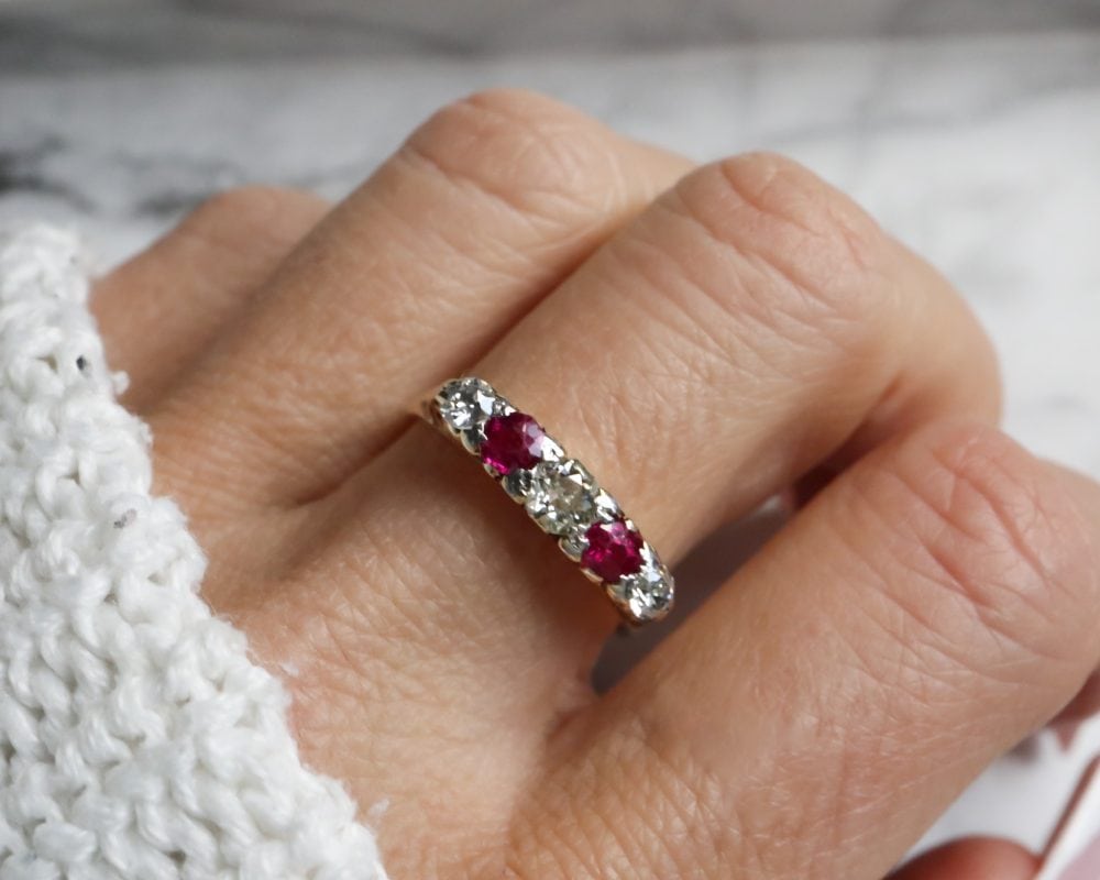 Antique Victorian ruby and diamond five stone ring for sale in Leeds, Yorkshire