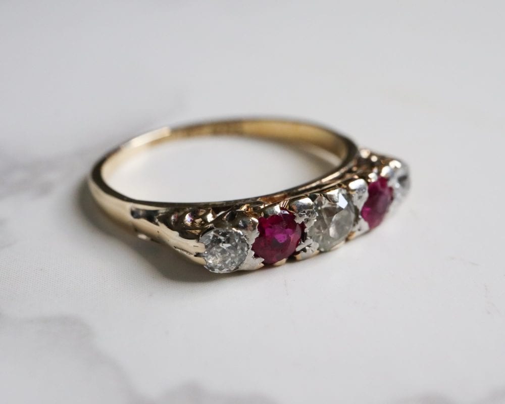 Antique Victorian ruby and diamond five stone ring for sale in Leeds, Yorkshire