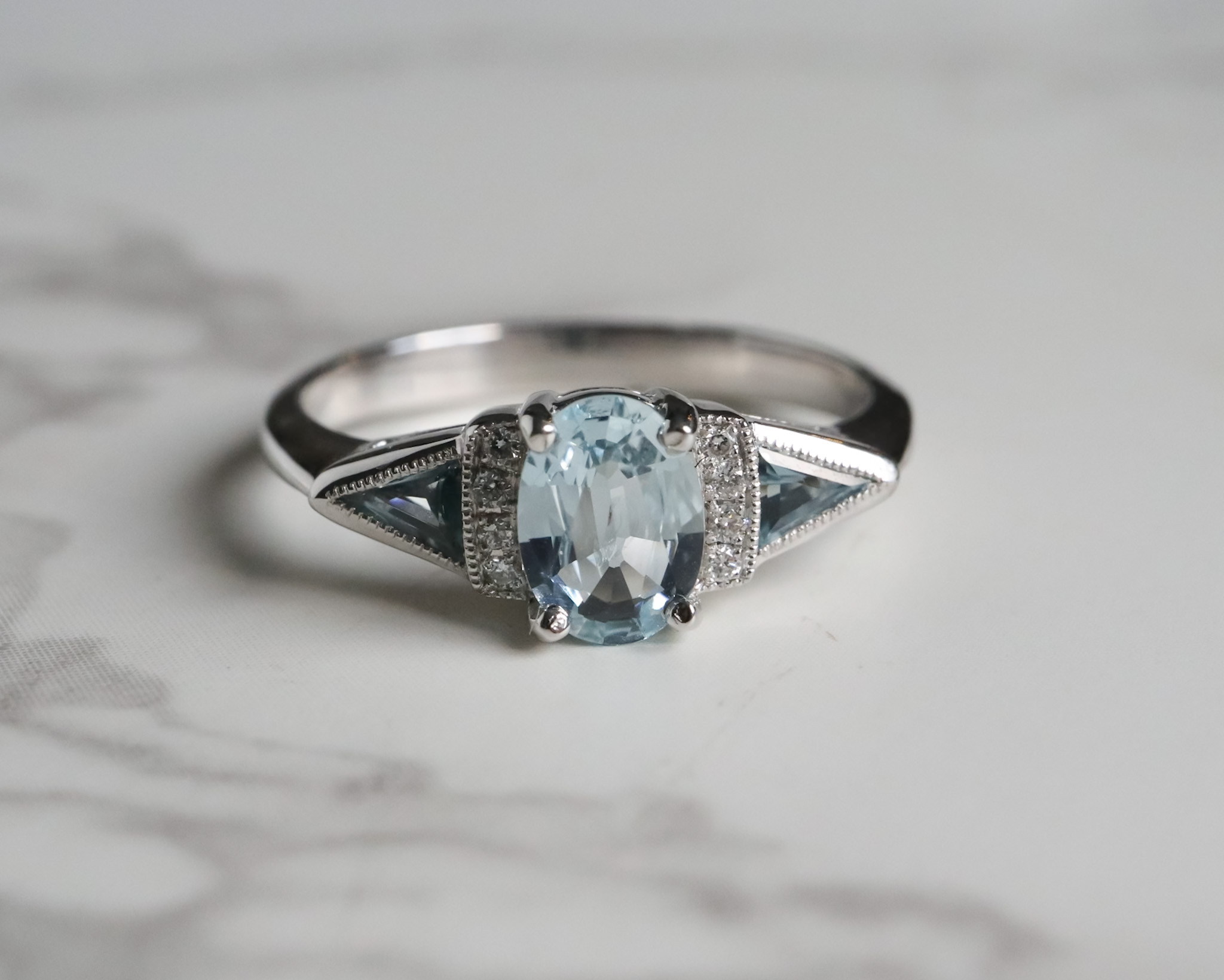 Vintage style aquamarine and diamond ring for sale in Leeds, Yorkshire