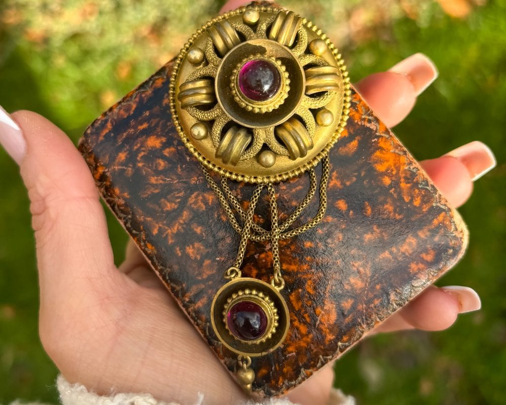 Victorian Etruscan Revival garnet brooch for sale in Leeds, Yorkshire