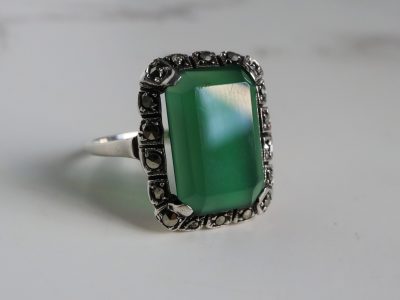 Art Deco silver and green chalcedony ring for sale in Leeds, Yorkshire