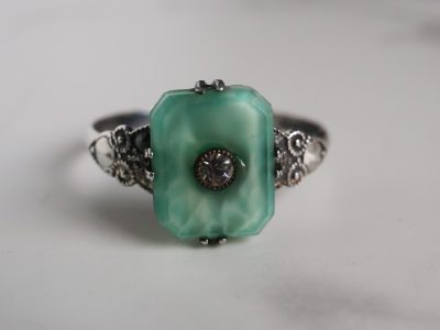 Antique Art Deco silver ring with a green stone, diamond and marcasite for sale in Leeds, Yorkshire