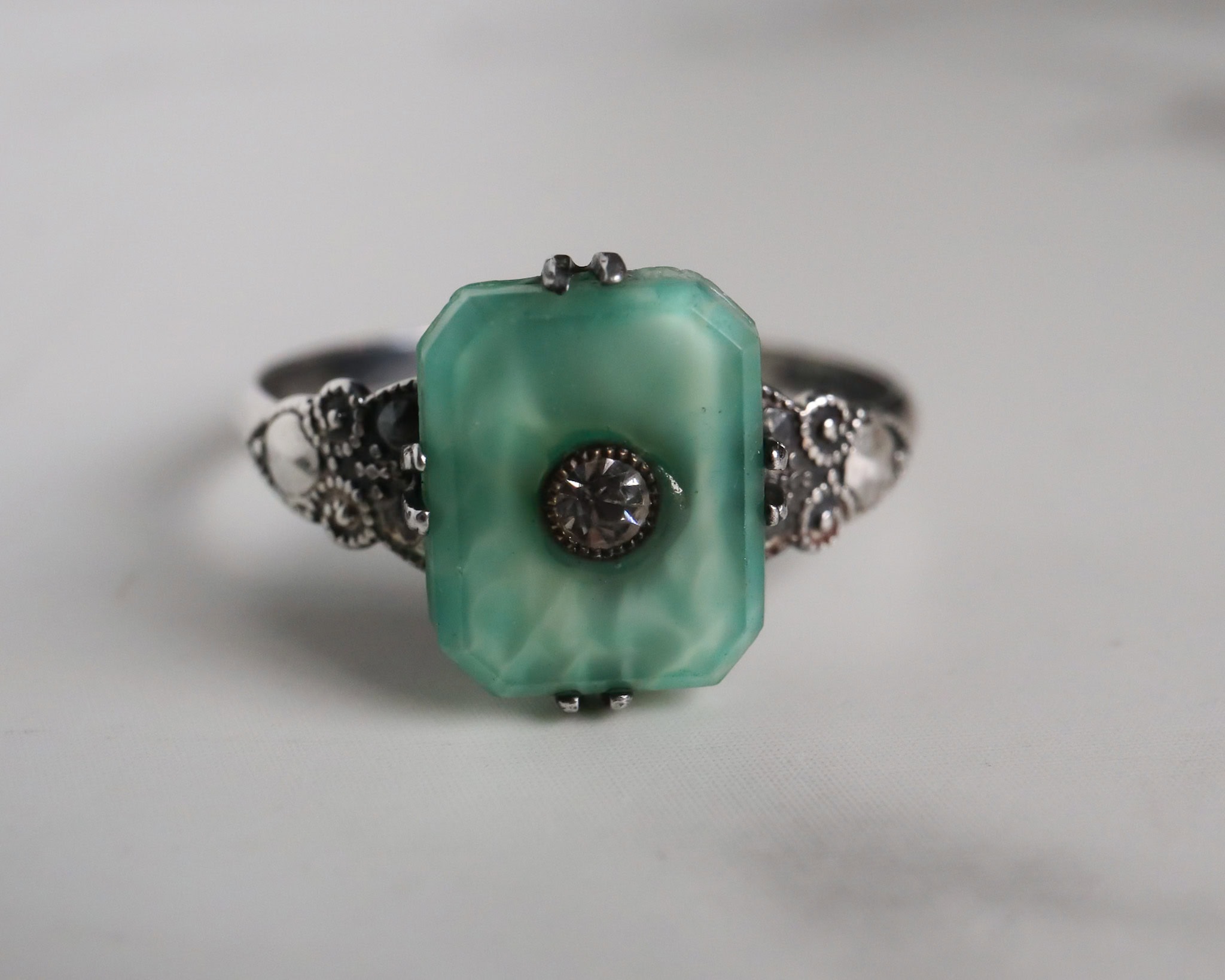 Antique Art Deco silver ring with a green stone, diamond and marcasite for sale in Leeds, Yorkshire