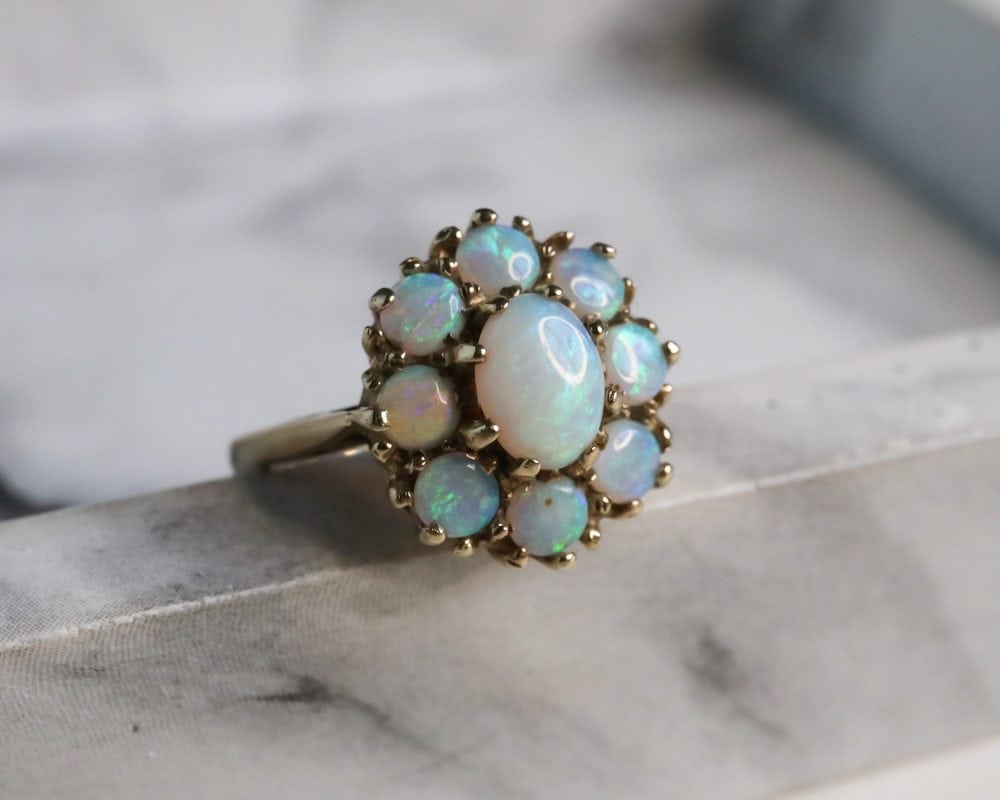 Vintage opal cluster ring in 9ct yellow gold for sale in Leeds, Yorkshire