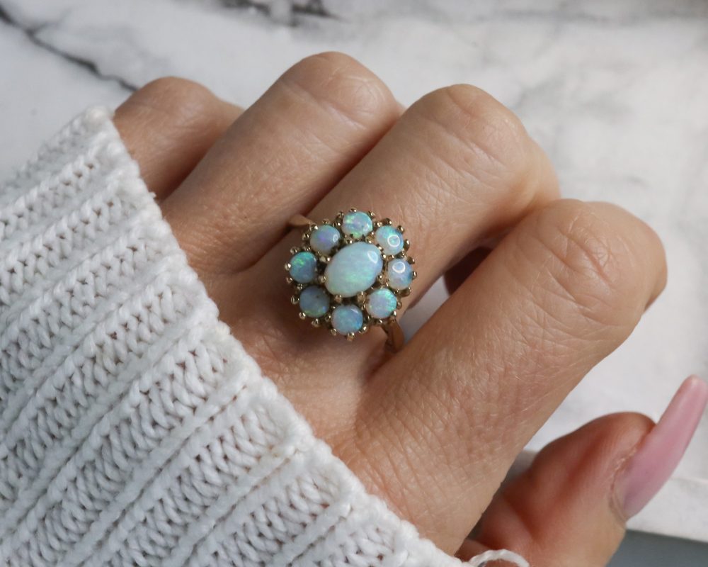 Vintage opal cluster ring in 9ct yellow gold for sale in Leeds, Yorkshire