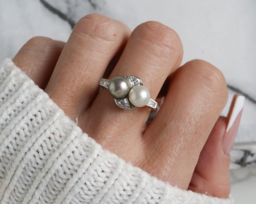 Antique Art Deco pearl and diamond ring in platinum for sale in Leeds, Yorkshire