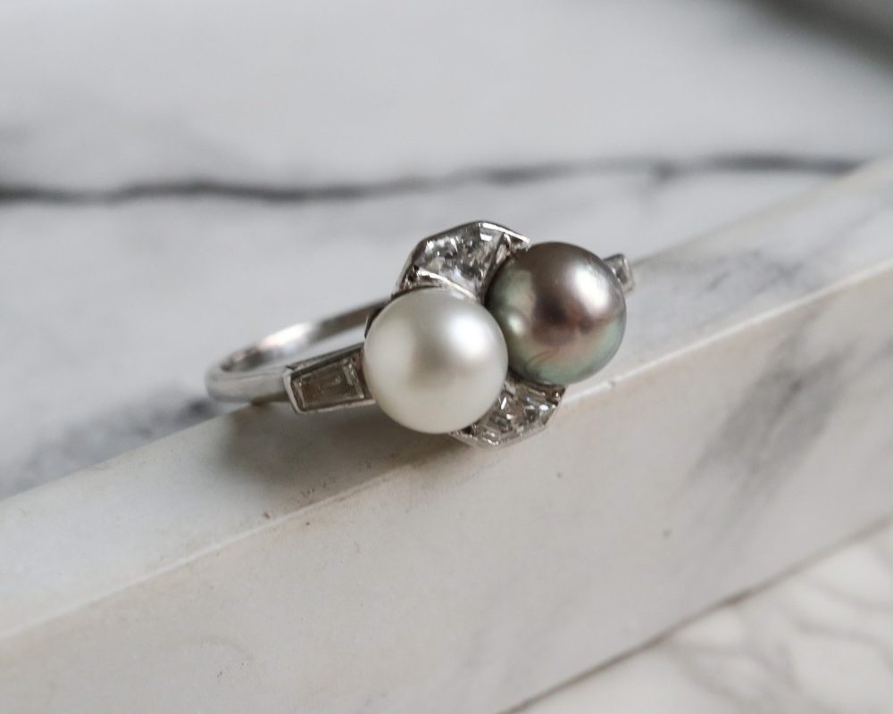 Antique Art Deco pearl and diamond ring in platinum for sale in Leeds, Yorkshire