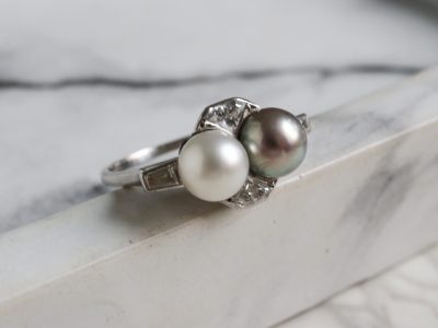 Antique Art Deco pearl and diamond ring in platinum for sale in Leeds, Yorkshire