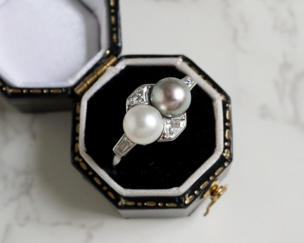 Antique Art Deco pearl and diamond ring in platinum for sale in Leeds, Yorkshire