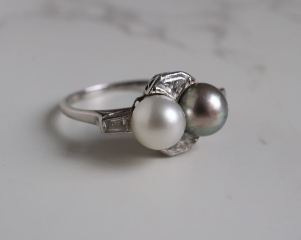 Antique Art Deco pearl and diamond ring in platinum for sale in Leeds, Yorkshire