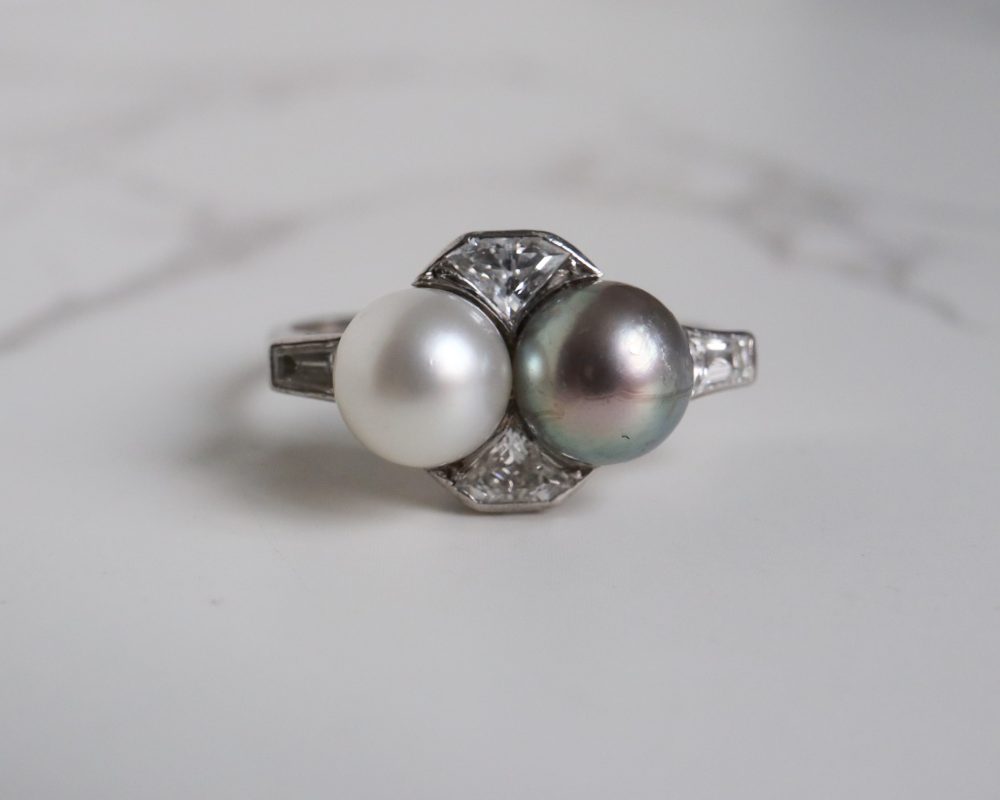 Antique Art Deco pearl and diamond ring in platinum for sale in Leeds, Yorkshire