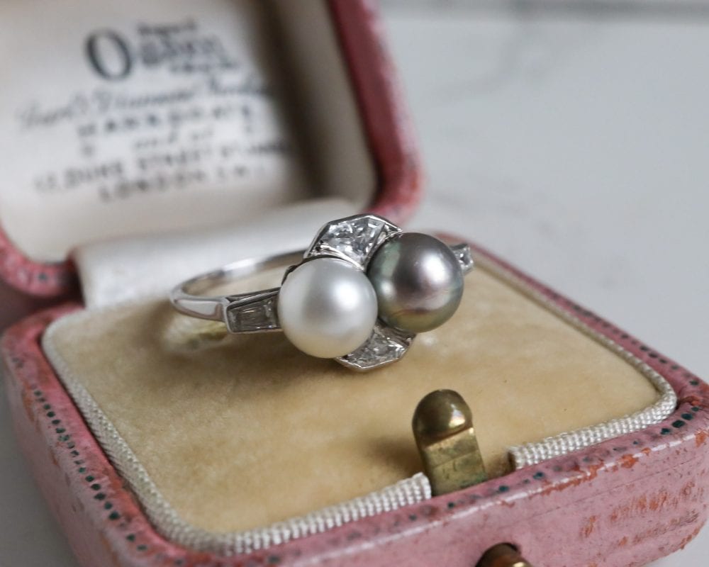 Antique Art Deco pearl and diamond ring in platinum for sale in Leeds, Yorkshire