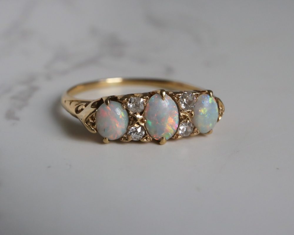 Antique Edwardian opal and diamond three stone ring in 18ct yellow gold for sale in Leeds, Yorkshire