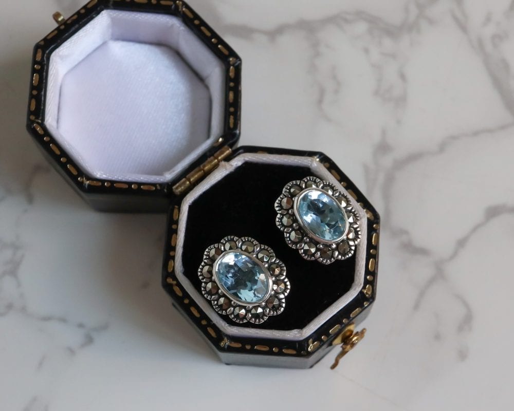A pair of vintage style silver, blue topaz and marcasite stud earrings