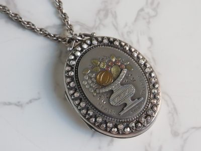 Antique Victorian large silver locket with bowl of fruit engraving for sale in Leeds, Yorkshire