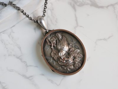 Antique Victorian large silver locket with bird detail for sale in Leeds, Yorkshire