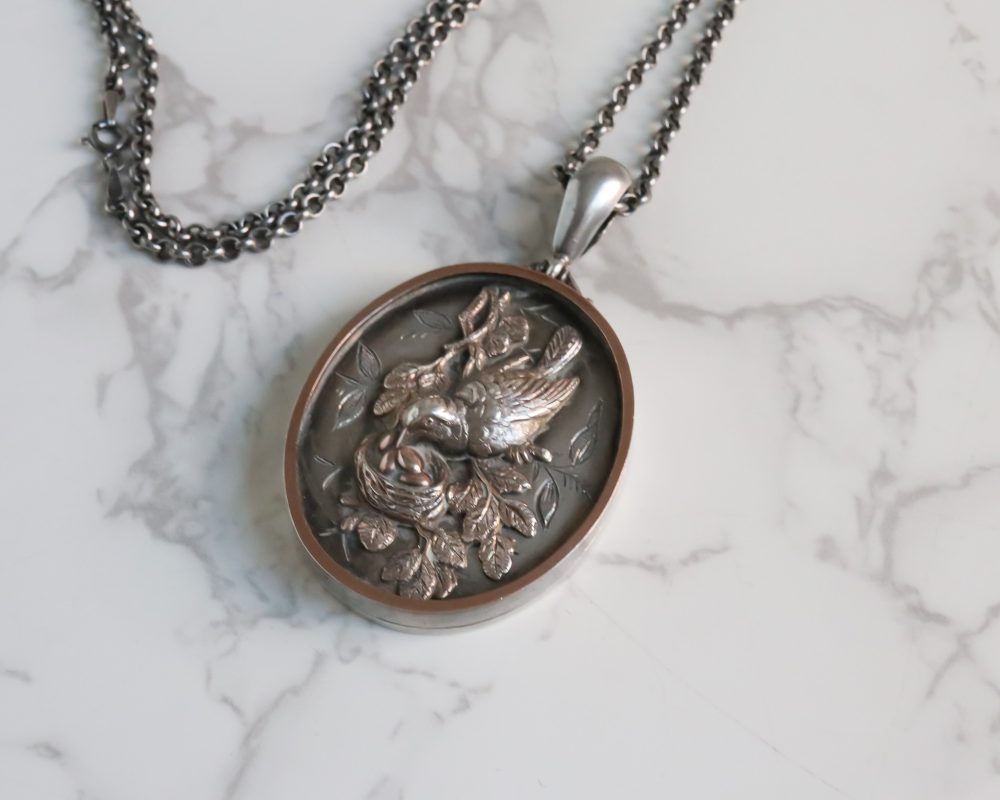 Antique Victorian large silver locket with bird detail for sale in Leeds, Yorkshire