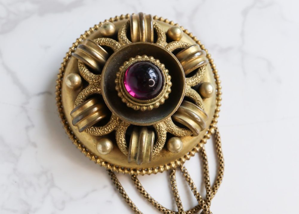 Victorian Etruscan Revival garnet brooch for sale in Leeds, Yorkshire