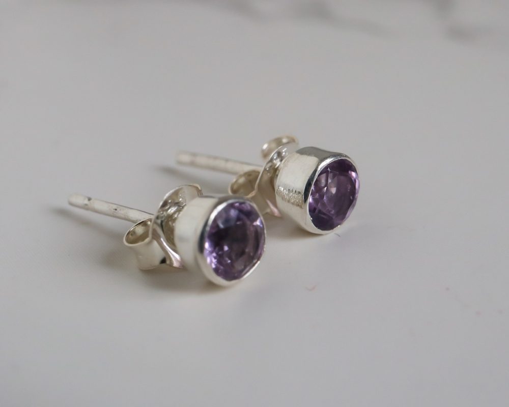 Silver and amethyst stud earrings for pierced ears