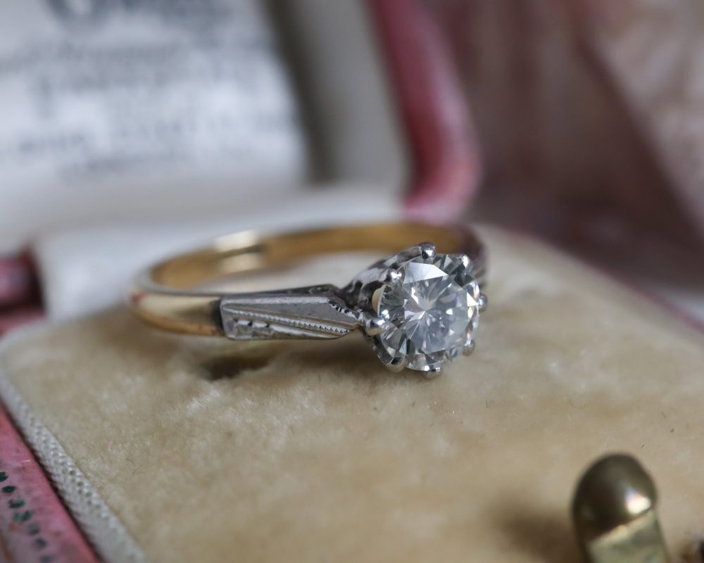 Antique 1930s diamond solitaire ring 0.7ct, 18ct gold and platinum for sale in Leeds, Yorkshire