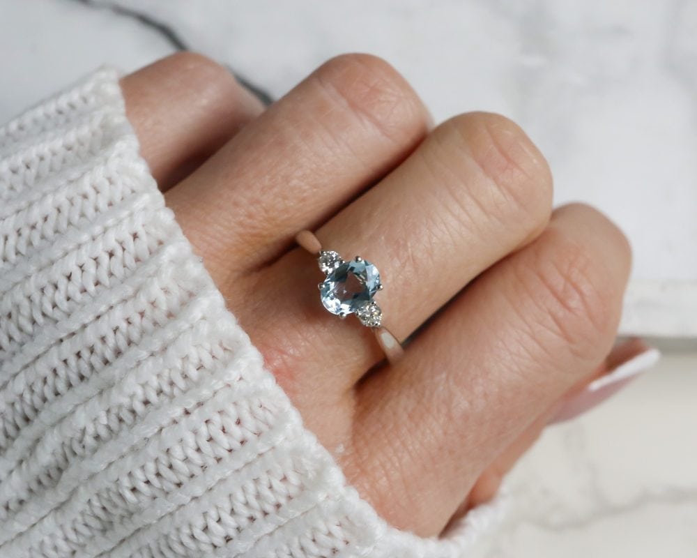 Vintage style aquamarine and diamond three stone ring in 9ct white gold for sale in Leeds, Yorkshire