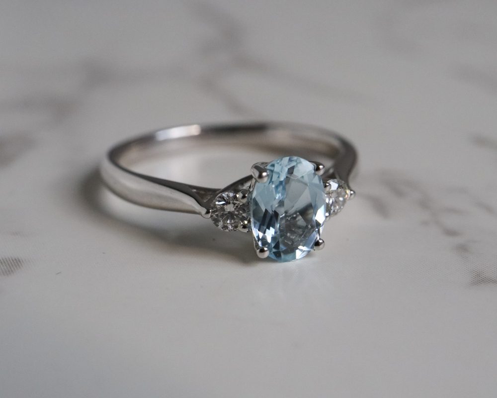 IMG_0624 (1) Vintage style aquamarine and diamond three stone ring in 9ct white gold for sale in Leeds, Yorkshire