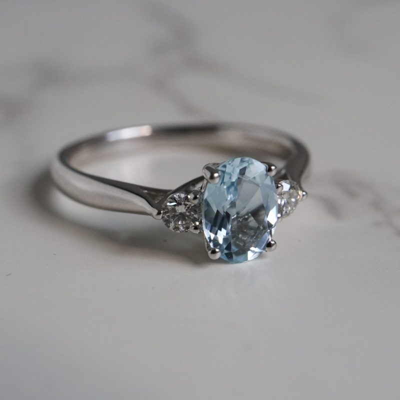 Vintage style aquamarine and diamond three stone ring in 9ct white gold for sale in Leeds, Yorkshire